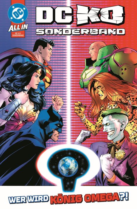 DC KQ Sonderband. Wer wird König Omega?! Helden und Schurken stehen sich gegenüber. Erde in der Mitte. Comic-Art.