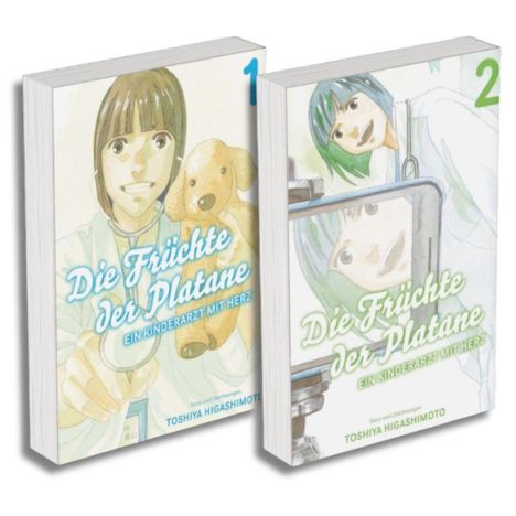 Zwei Manga-Bücher: "Die Früchte der Platane – Ein Kinderarzt mit Herz", Band 1 und 2, mit lächelnden Personen auf den Covern.