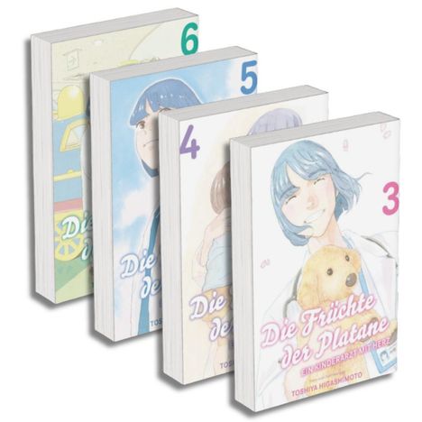 Die Titel lauten "Die Früchte der Platane 3-6". Cover zeigen lächelnde Personen und ein Kuscheltier. Manga-Stil.