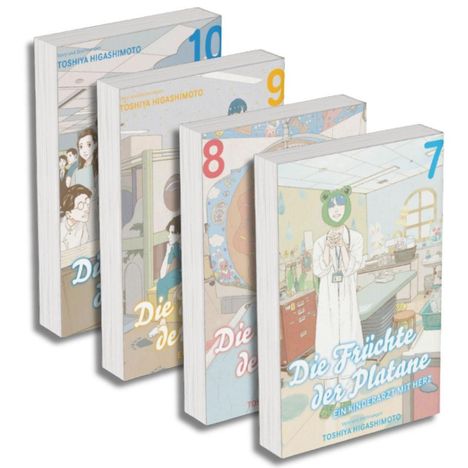 "Bände 7-10: 'Die Früchte der Platane - Ein Kinderarzt mit Herz' von Toshiya Higashimoto. Mit farbigen Illustrationen."