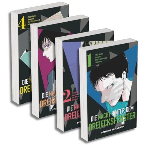 Vier Manga-Bände mit dem Titel "Die Nacht hinter dem Dreiecksfenster". Bandnummern in großen Ziffern 1-4.