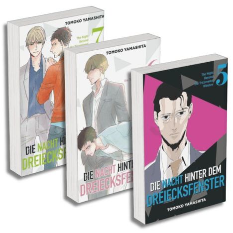 Drei Manga-Bücher von Tomoko Yamashita mit Titeln "DIE NACHT HINTER DEM DREIECKSFENSTER" in verschiedenen Designs.