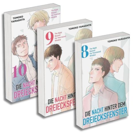 Cover von drei Manga-Bänden: "Die Nacht hinter dem Dreiecksfenster", Bände 8-10, mit Zeichnungen von Männern.