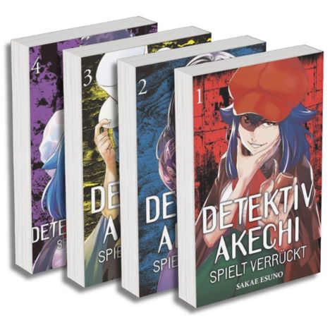 Vier Mangabücher mit den Titeln "Detektiv Akechi spielt verrückt", Bände 1 bis 4, mit unterschiedlichen farbigen Covern.