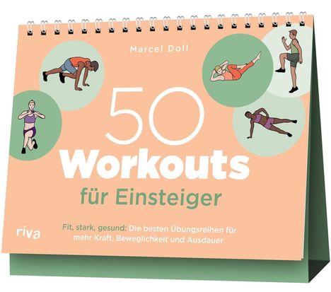 "50 Workouts für Einsteiger. Fit, stark, gesund: Die besten Übungsreihen für mehr Kraft, Beweglichkeit und Ausdauer." Illustrationen von Menschen beim Sport.
