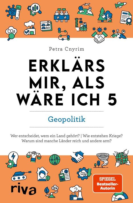 Titel: "Erklär's mir, als wäre ich 5"; Untertitel: "Geopolitik". Autorin: Petra Cnyrim. Illustrationen: Weltkugel, Wolken, Flugzeug.