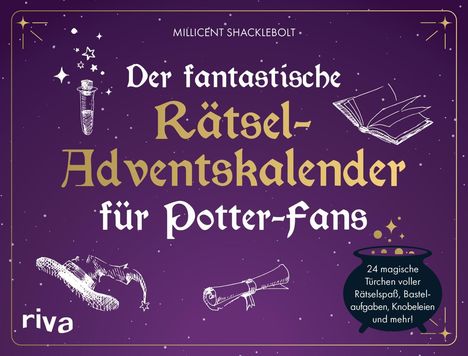 „Der fantastische Rätsel-Adventskalender für Potter-Fans“. Illustration mit Zauberstab, Buch und Kessel.