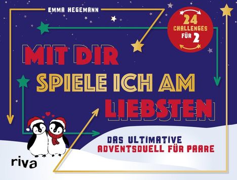 "24 Challenges für 2. Mit dir spiele ich am liebsten. Das ultimative Adventsduell für Paare." Zwei Pinguine mit Mützen.