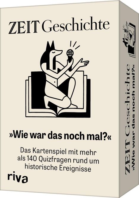 „ZEIT Geschichte“ oben, darunter Anubis mit Mikrofon in einem Buch. Text: „Wie war das noch mal?“ Kartenspiel mit 140 Quizfragen.