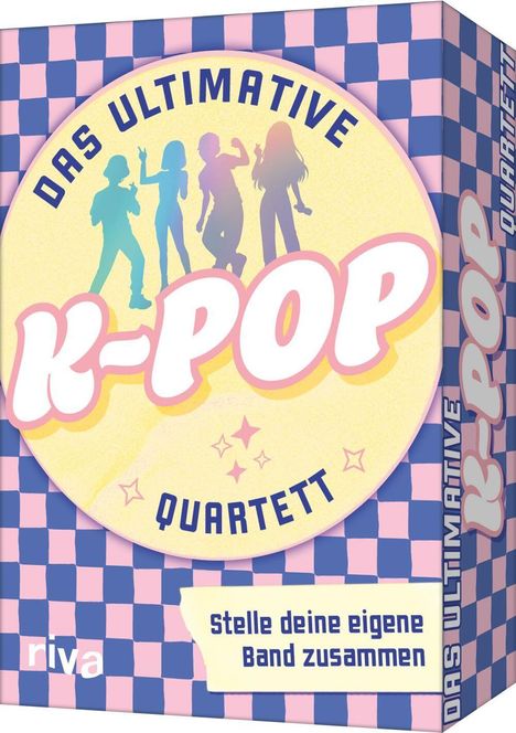 "Das ultimative K-POP Quartett. Stelle deine eigene Band zusammen." Illustration von Tänzern auf kariertem Hintergrund.