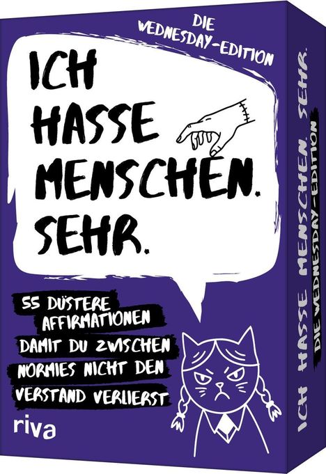 "ICH HASSE MENSCHEN. SEHR." Auf lila Hintergrund eine grimmige Katze im Anzug.