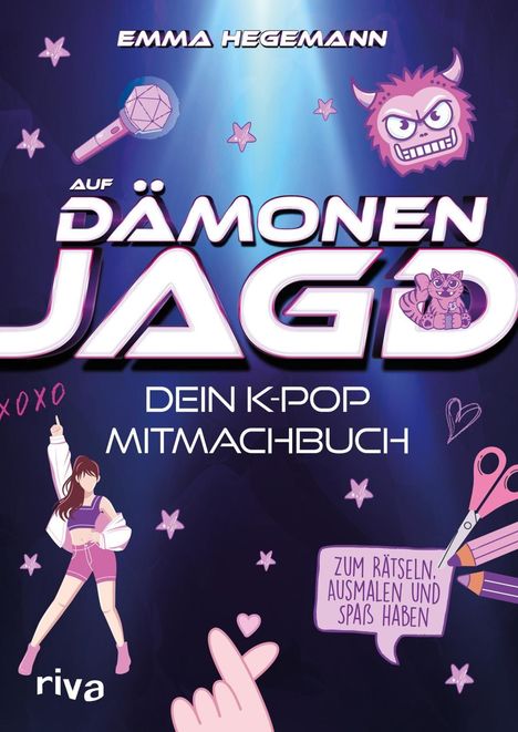 Text: "EMMA HEGEMANN", "AUF DÄMONENJAGD", "DEIN K-POP MITMACHBUCH", "ZUM RÄTSELN, AUSMALEN UND SPAß HABEN".  
Illustration mit pinkem Mikrofon, Dämon und Tänzerin.