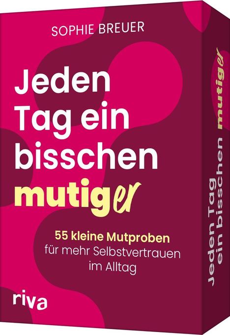 "Jeden Tag ein bisschen mutiger" in großen Buchstaben auf pinkem Hintergrund mit gelben und weißen Texten.