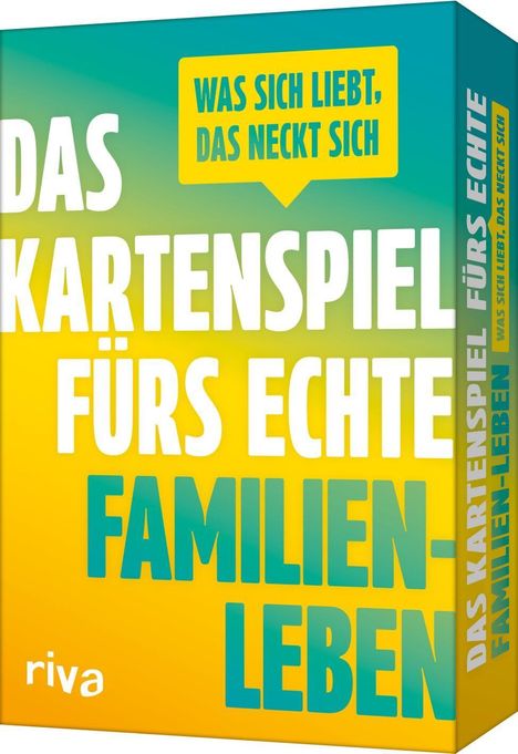 Texte: "Was sich liebt, das neckt sich", "Das Kartenspiel fürs echte Familienleben", "riva". Bunte Verpackung.