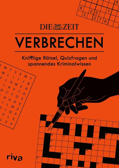 Text: "VERBRECHEN. Knifflige Rätsel, Quizfragen und spannendes Kriminalwissen." Illustration: Kreuzworträtsel und Hand mit Stift.