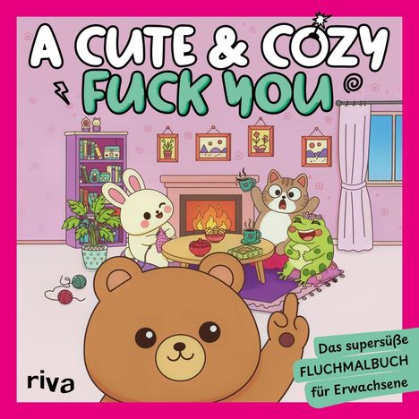 „A Cute & Cozy Fuck You.“ Zeichnung: Tiere in einem gemütlichen Zimmer, Bär zeigt Mittelfinger.