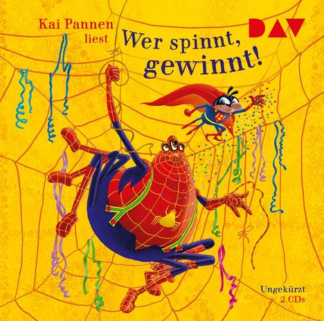 Text: "Kai Pannen liest", "Wer spinnt, gewinnt!", "Ungekürzt", "2 CDs". Illustration einer bunten Spinne im Netz.