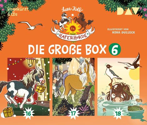 „Ungekürzt 6 CDs“, „Die große Box 6“, „Haferhorde“. Illustrationen mit Ponys, Einhorn und Vögeln in fröhlicher Szene.
