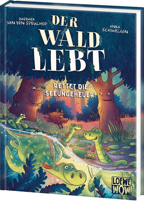„Der Wald lebt. Rettet die Seeungeheuer!“ Ein Cartoon-Wald mit lachenden Bäumen und fröhlichen Tieren im Wasser.