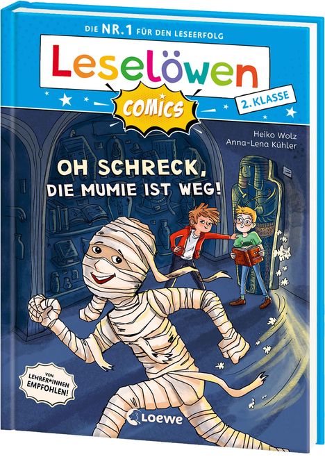 Leselöwen Comics für 2. Klasse: "Oh Schreck, die Mumie ist weg!" mit zwei Kindern und einer weglaufenden Mumie.
