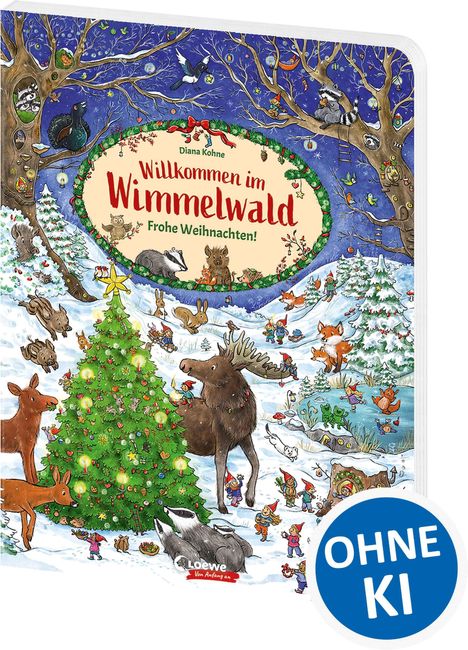"Willkommen im Wimmelwald - Frohe Weihnachten!" Illustration: Winterlandschaft voller Tiere und Weihnachtsbaum.
