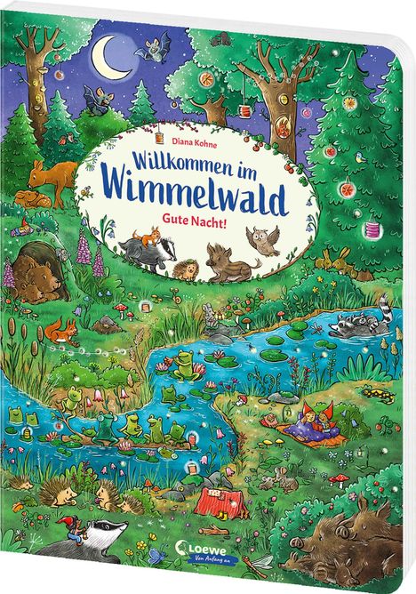 Aufschrift: "Willkommen im Wimmelwald, Gute Nacht!" Märchenhafte Waldszene mit Tieren, Bäumen, einem Fluss und Leuchtlaternen.