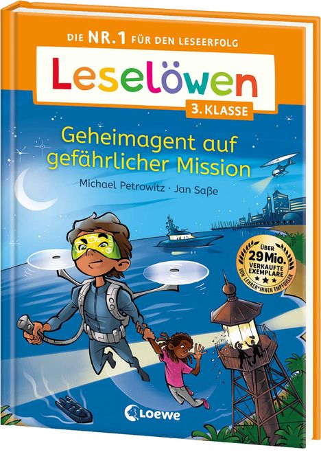 "Geheimagent auf gefährlicher Mission", Leselöwen 3. Klasse, Junge mit Jetpack fliegt mit Mädchen, Stadt im Hintergrund.