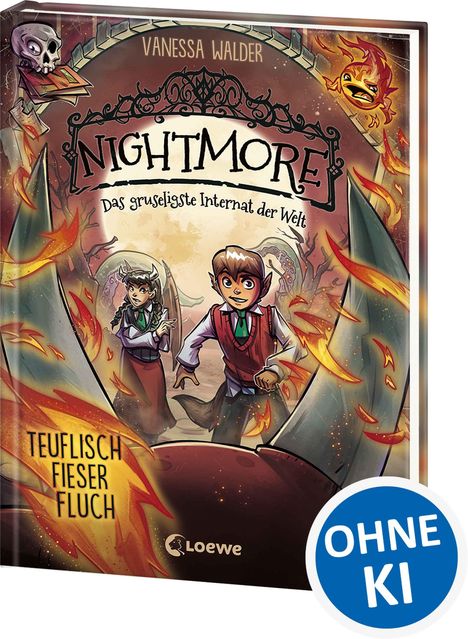 Illustration eines Buchcovers. Titel: "Nightmore – Das gruseligste Internat der Welt". Feuer, Monster und zwei Kinder.