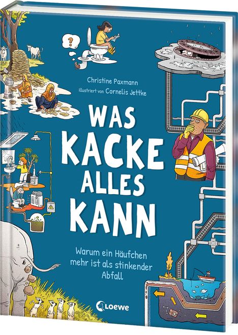 "Was Kacke alles kann. Warum ein Häufchen mehr ist als stinkender Abfall." Illustration: Menschen, Tiere, Kanalisation.
