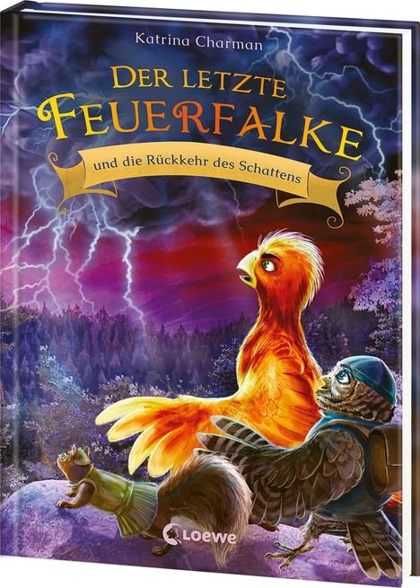 Der Titel lautet: "Der letzte Feuerfalke und die Rückkehr des Schattens". Ein leuchtender Vogel sitzt neben einer Eule.