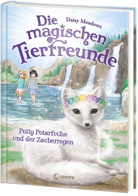 "Die magischen Tierfreunde", "Polly Polarfuchs und der Zauberregen". Illustration mit Polarfuchs vor Wasserfall und zwei Kindern.