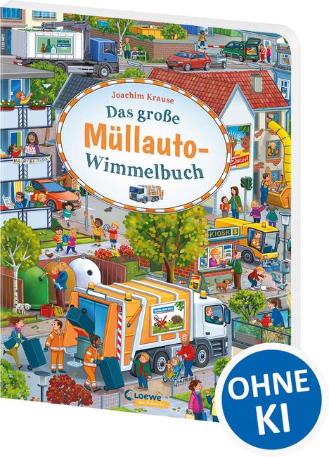"Das große Müllauto-Wimmelbuch" von Joachim Krause. Bunte Straßenszene mit vielen Menschen, Müllwagen und Alltagssituationen.