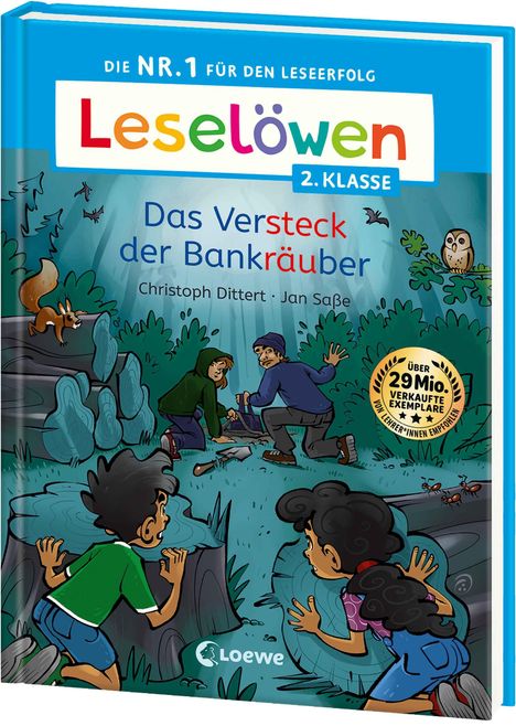 Titel: "Das Versteck der Bankräuber", oben "Leselöwen 2. Klasse". Eine Illustration mit Kindern und Tieren im Wald.