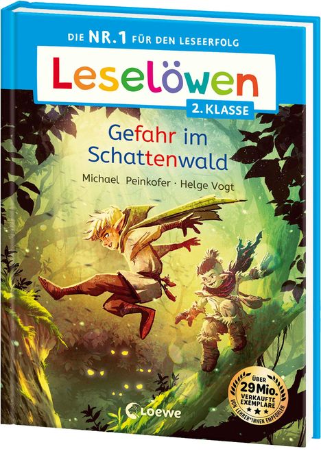 "Leselöwen 2. Klasse", "Gefahr im Schattenwald", Michael Peinkofer, Helge Vogt, Illustration von Abenteurer im Wald.
