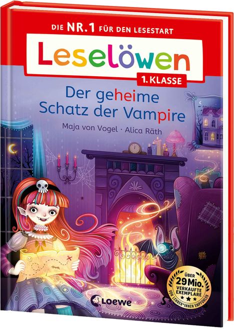 Text: "Leselöwen 1. Klasse - Der geheime Schatz der Vampire." Illustration: Mädchen mit Karte vor Kamin, Fledermaus.