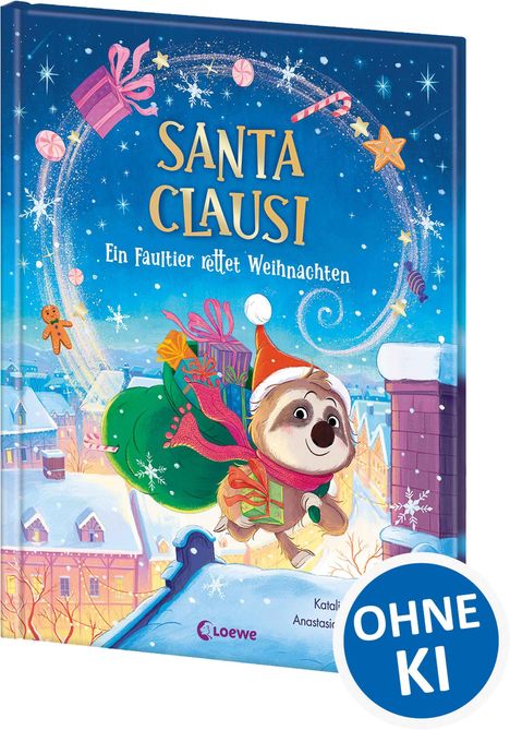 "SANTA CLAUSI: Ein Faultier rettet Weihnachten." Ein lächelndes Faultier in Weihnachtskleidung trägt Geschenke.