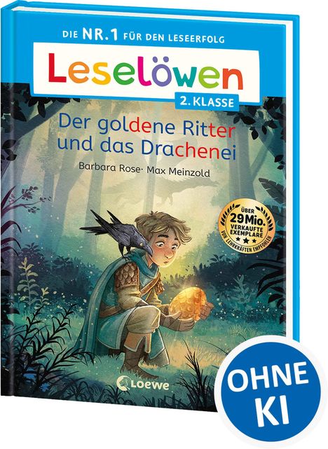 Buchtitel: "Der goldene Ritter und das Drachenei". Illustration: Junge mit Rabe hält ein leuchtendes Ei im Wald.
