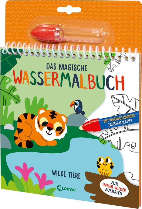 "Das magische Wassermalbuch", "Wilde Tiere", "Zum immer wieder ausmalen". Ein Tiger und ein Frosch sind illustriert.