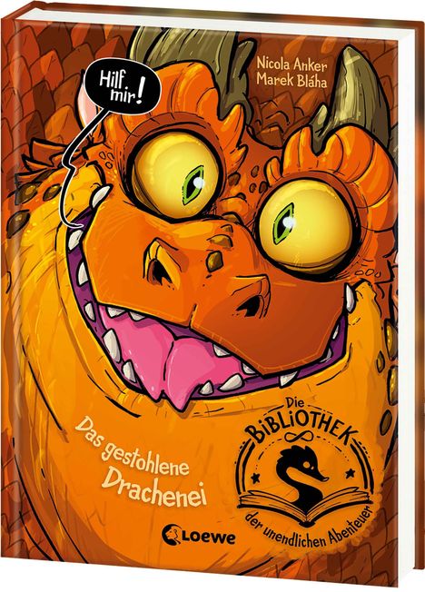 „Hilf mir!“ steht in einer Sprechblase neben einem lächelnden, orangefarbenen Drachen mit großen Augen.