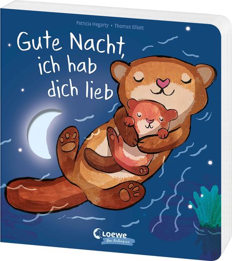 Text: "Gute Nacht, ich hab dich lieb". Illustration: Ein Otter umarmt ein Junges, mit Mond und Wasser im Hintergrund.