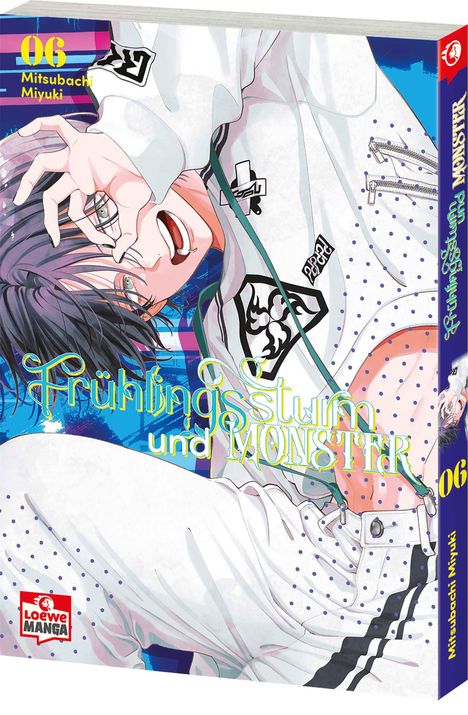 Text: "Frühling, Sturm und Monster", "06", "Mitsubachi Miyuki". Illustration eines Mannes mit Brille in weißem Outfit.