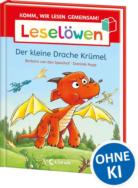Buchtitel: "Leselöwen - Der kleine Drache Krümel". Illustration: Ein roter Drache fliegt fröhlich mit gelben Flügeln.