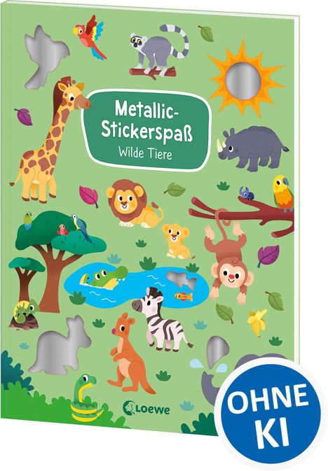 „Metallic-Stickerspaß: Wilde Tiere“ steht auf einem grünen Kinderbuch mit bunten Tierillustrationen.