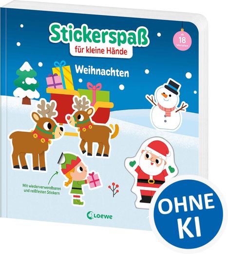 "Stickerspaß für kleine Hände" und "Weihnachten". Ein Schneemann, Rentiere, Schlitten und Weihnachtsmann in einer winterlichen Szene.