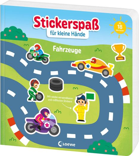 Text: "Stickerspaß für kleine Hände Fahrzeuge". Illustration: Rennstrecke mit Autos, Motorrädern, Pokal und Figur mit grüner Fahne.