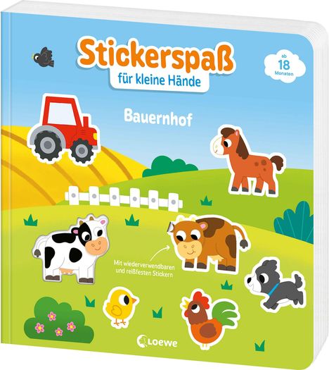 „Stickerspaß für kleine Hände“ und „Bauernhof“ stehen auf einem Kinderbuch mit Bauernhof-Stickern.