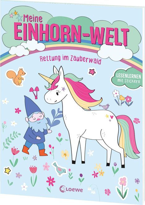 „Meine Einhorn-Welt: Rettung im Zauberwald“ oben. Illustration: Einhorn mit Regenbogenmähne, daneben ein Zwerg im Garten.
