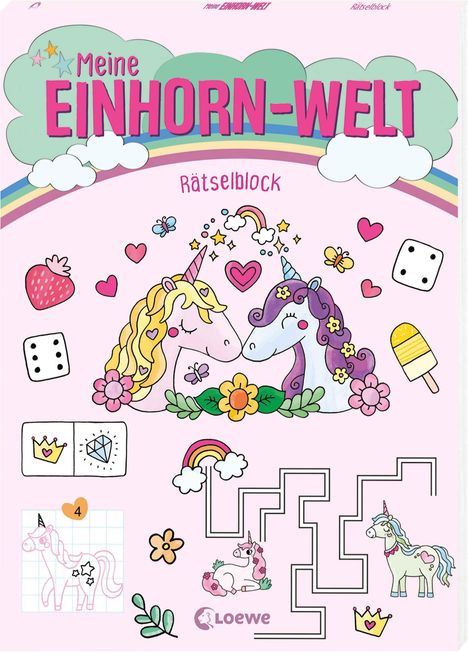"Meine Einhorn-Welt Rätselblock." Illustration mit Einhörnern, Herzchen, Schmetterlingen und kleinen Spielgrafiken.