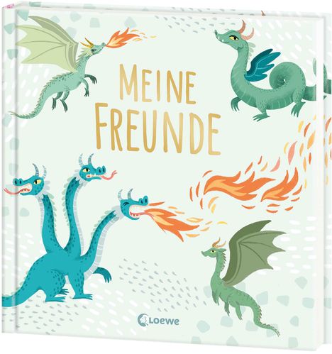 "Meine Freunde". Eine bunte Illustration zeigt freundliche Drachen, die Feuer spucken. Ein Logo von Loewe ist sichtbar.