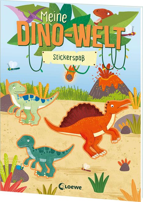 "Meine Dino-Welt Stickerspaß" steht auf einem bunten Dinosaurier-Bild mit Vulkan, Meteoriten und Dschungel.